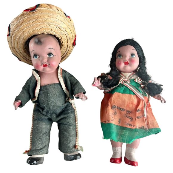 Mexican Dolls Pair in Traditional Costumes Vintage 1930s Ceramic 9" tall each - Picture 1 of 16